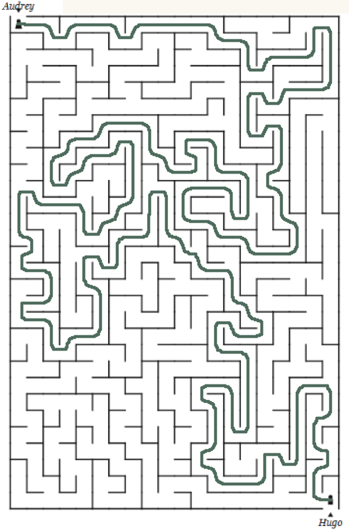 Labyrinthe de la gazette papier avec le chemin de la solution tracé en vert, d'Audrey en haut à gauche jusqu'à Hugo en bas à droite